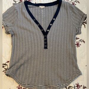 Anthro’s Pilcro Navy & White Striped V-Neck Top
